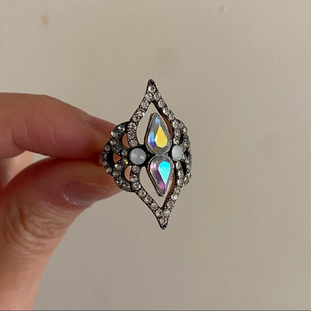 Silver Tone Geometric Iridescent Rhinestone Ring - Picture 2 of 4